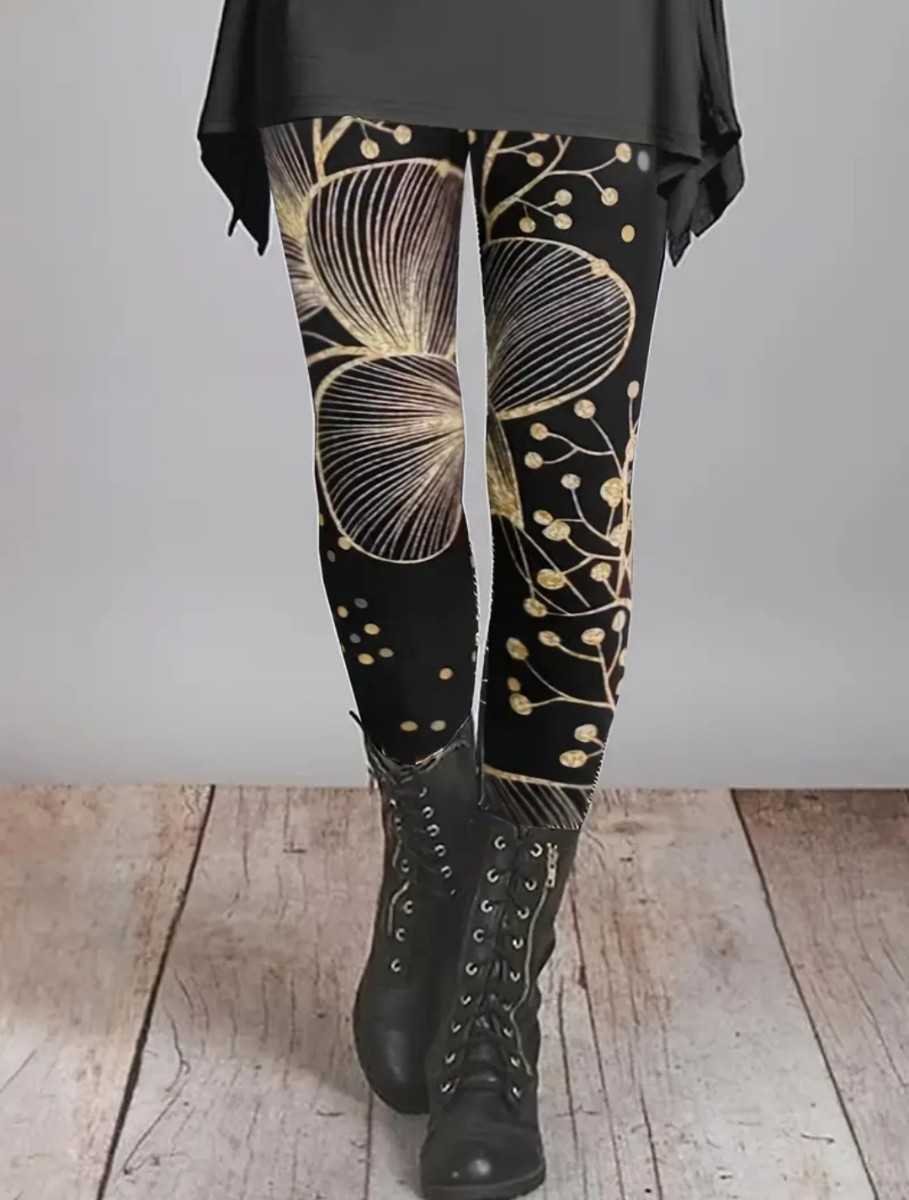  large size leggings spats casual peace pattern floral print black black beautiful legs stretch large pattern 4L 5L 6L long 9 minute height ..... skinny 