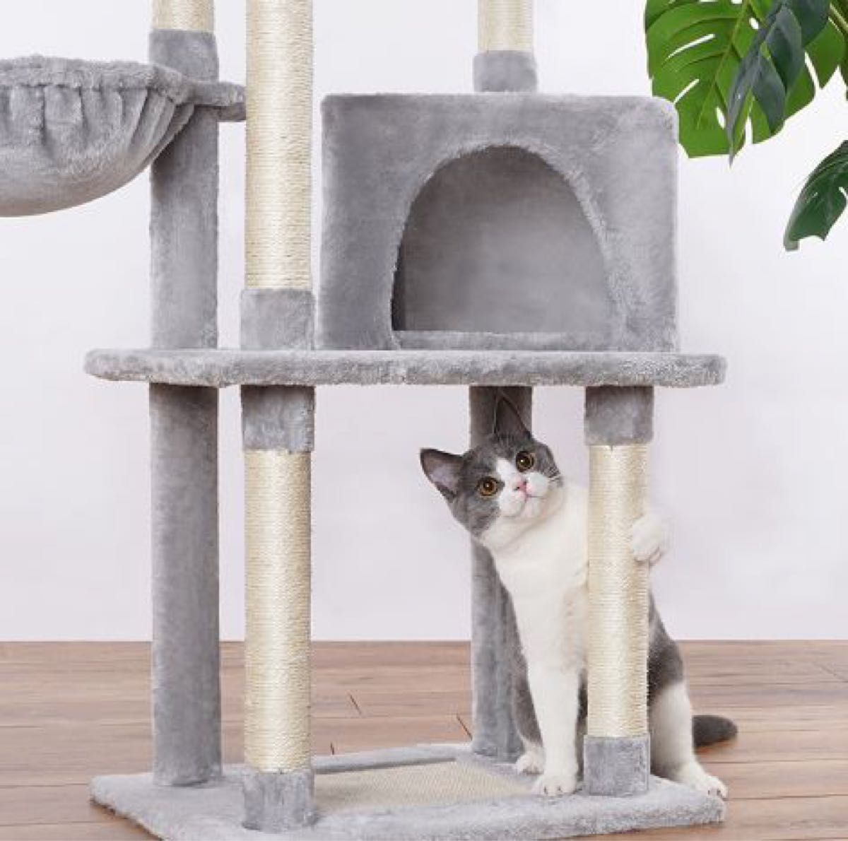 キャットタワー スリム 据え置き 高さ120cm 日本語説明書付き 大型猫 おしゃれ グレー色 キャットツリー 猫タワー送料無料