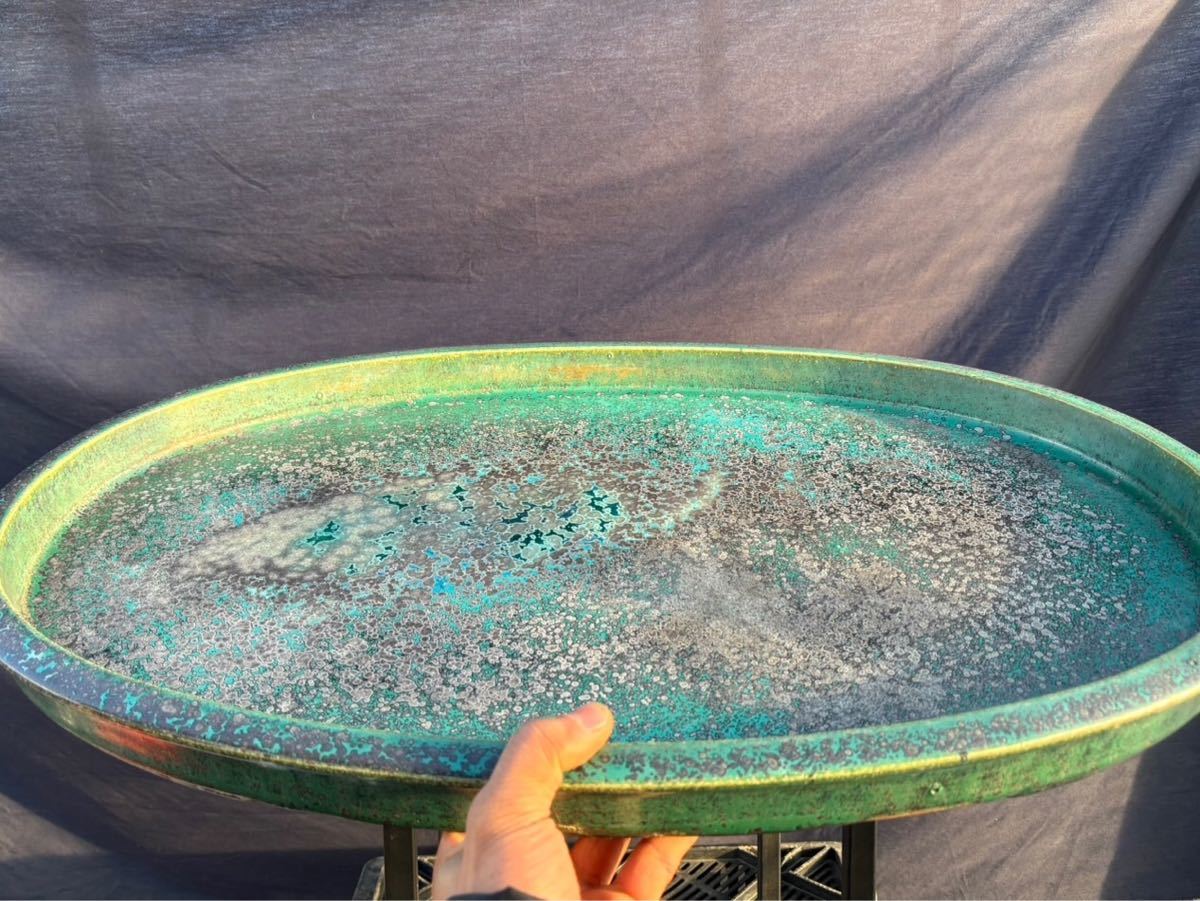 鴻陽 コウヨウ 水盤 箱付き 緑釉窯変 切立ち楕円水盤　61cm_画像9