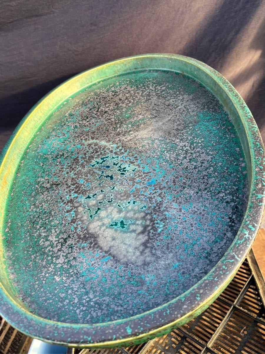 鴻陽 コウヨウ 水盤 箱付き 緑釉窯変 切立ち楕円水盤　61cm_画像7