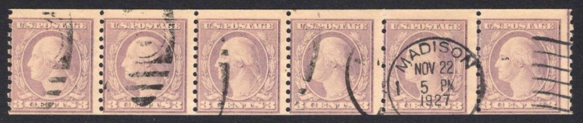 アメリカ切手　1908年シリーズ 輪転印刷コイル切手　３￠切手 type I ５枚連　使用済（#493）_画像1