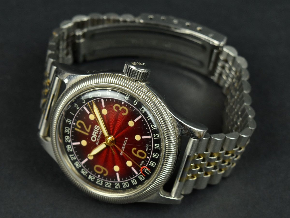 169503☆動作未確認 ORIS ビッグクラウン 腕時計 自動巻き ポインターデイト ラウンド 7463C SS レッド 赤文字盤 シルバー メンズ/ D_画像4