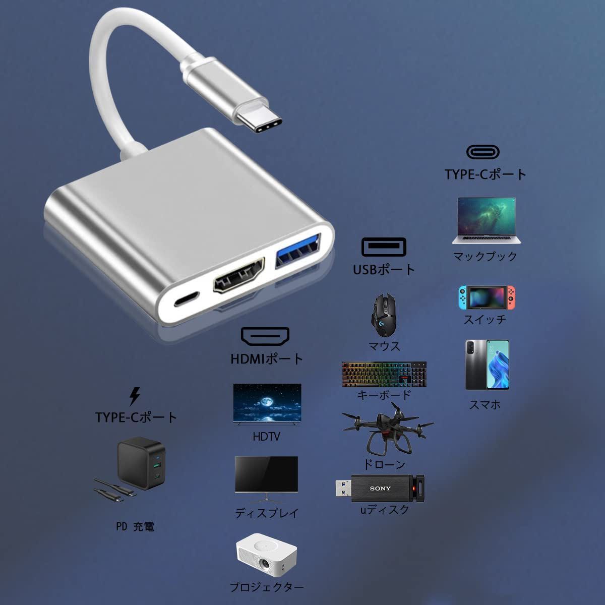 Type c HDMI変換アダプター 3in1ハブ USB3.0 急速充電