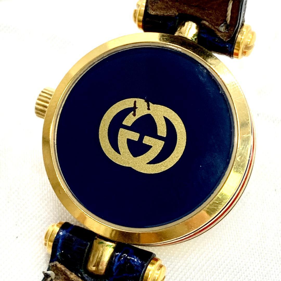 美品■稼働 グッチ シェリーライン 腕時計 ブルー ゴールドベゼル レザー GG