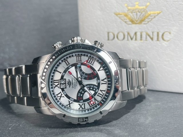 新品 DOMINIC ドミニク 正規品 機械式 自動巻き メカニカル 腕時計 ビックデイト パワーリザーブ レトログラード式 コレクション シルバー_画像6
