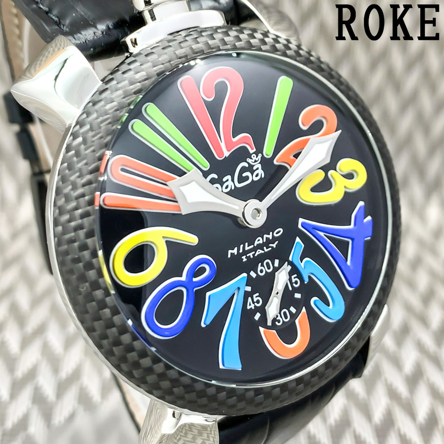 【1円】GaGaMILANO ガガミラノ マヌアーレ 48ｍｍ メンズ 腕時計 レザー スモールセコンド ブラックカーボンファイバーケース 手巻き_画像1