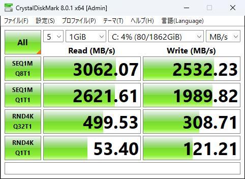 【8コア】第9世代i7-9700K(4.9G)◆超大容量【64GB】メモリ◆超大容量【新品SSD 2TB (2000GB)】M.2◆USB3.0/Type-C◆Windows11◆Office2021_SSD 2TB (M.2)の速度計測 (SATAの5倍以上)