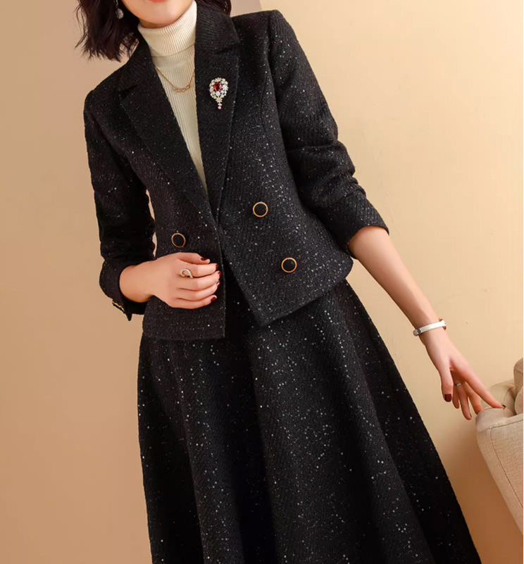  lady's jacket flair skirt set black color XXL