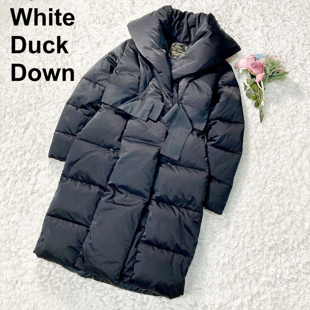 美品 White Duck Down ダウンコート ショールカラー リボン ブラック Lサイズ レディース B12430-128_画像1