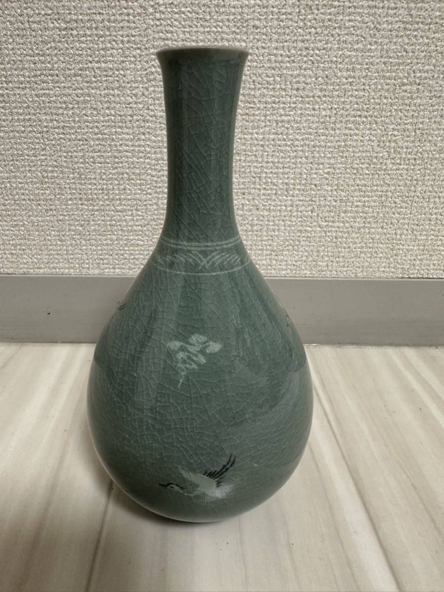 韓国高麗青磁 漢青 鶴紋一輪挿し 花瓶 花器 中国美術