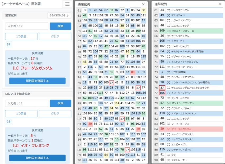 【アーセナルベース】【レア&通常シリンダー】【UNITRIBE SEASON:01】配列表 超速配列検索ツール SEC パラレル F91 ライジングフリーダム_画像3