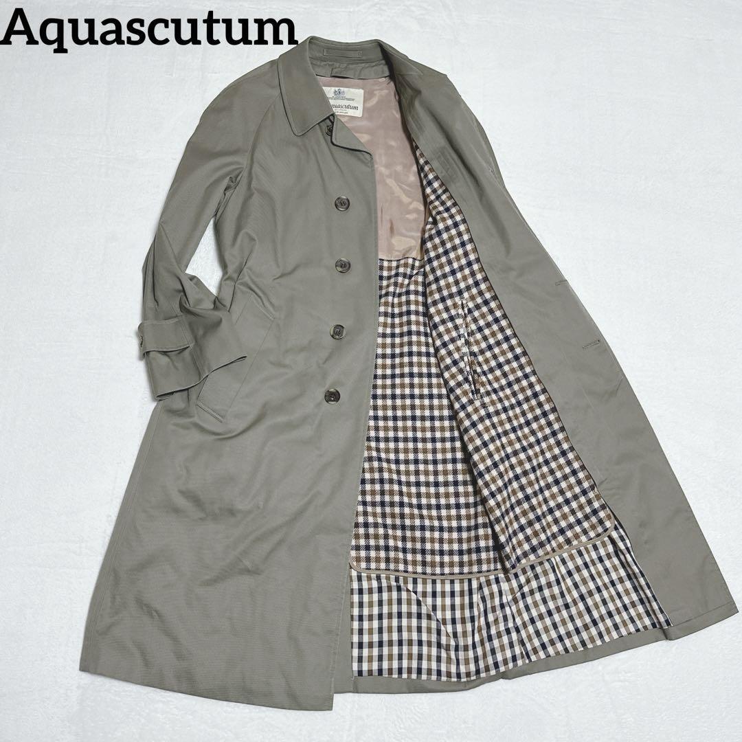 【英国紳士の気品】Aquascutum アクアスキュータム ロングトレンチコート イギリス製 イングランド ライナー付 裏地チェック カーキ L相当_画像1