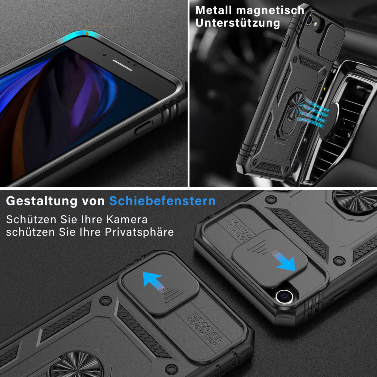 G在庫処分 黒 iPhone SE2 (2020) 第２世代 ケース 本体 カバー 指リング 画面 保護 アイフォン 米軍 衝撃 頑丈 スタンド ホルダー Appleの画像3