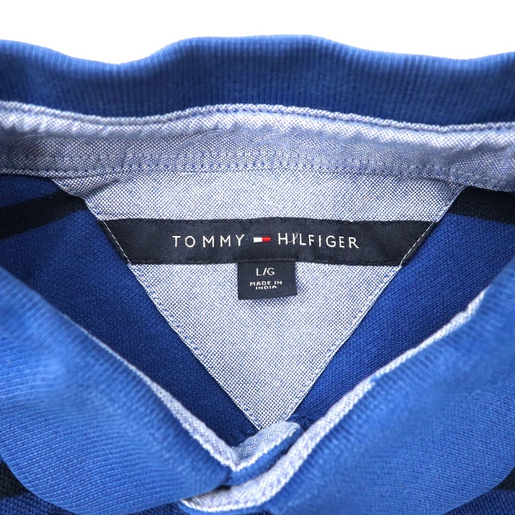 TOMMY HILFIGER ビッグサイズ 長袖ポロシャツ ラガーシャツ L ブルー ボーダー コットン フラッグロゴ刺繍_画像4