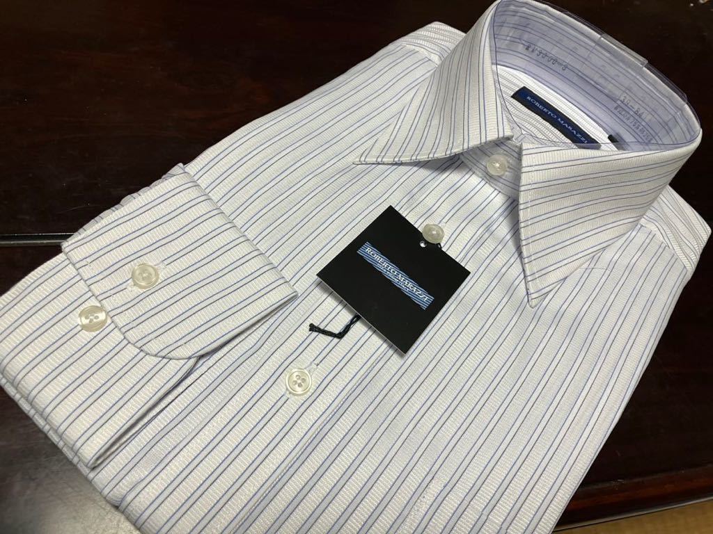 ROBERTOMARAZZI イージーケア 白地ブルーストライプワイシャツ レギュラーカラー M(39-84)  の画像1