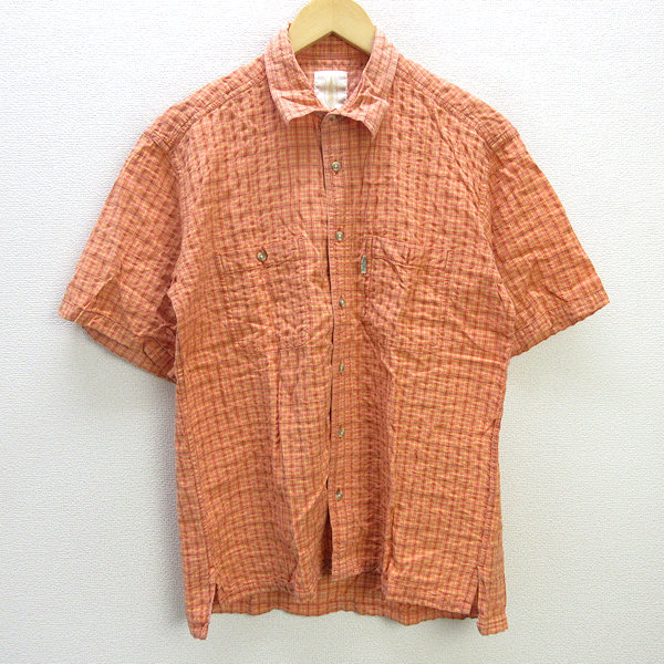 G■foxfire/フォックスファイヤー 半袖シャツ/シアサッカーチェック柄【L】オレンジ/men's/81【中古】■_画像1