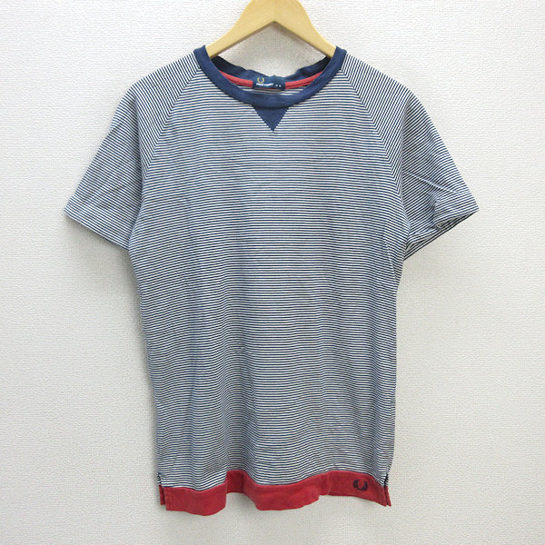 G■フレッドペリー/FREDPERRY ボーダーTシャツ【M】白紺/men's/60【中古】■_画像1