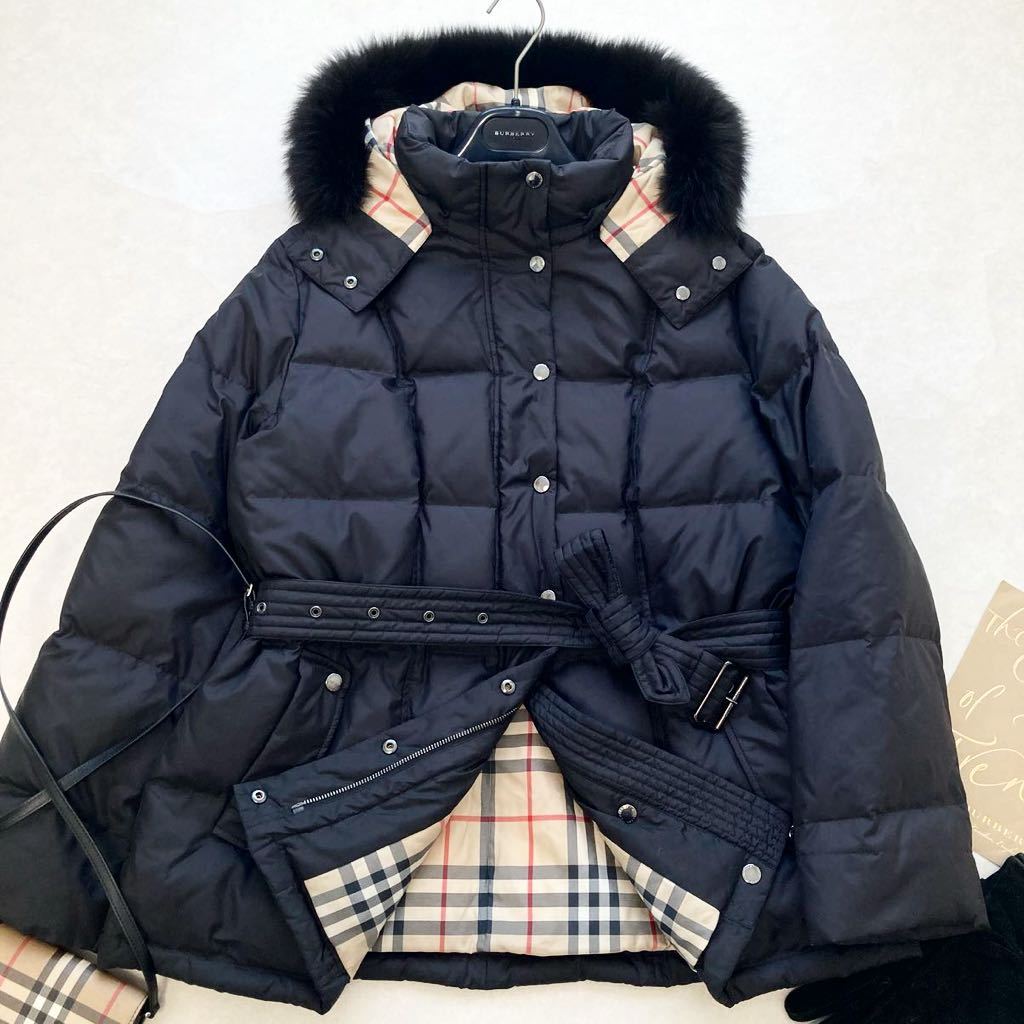 大きいサイズ◆美品◆バーバリー BURBERRY 46/15号/XL-3L 最高級ブルーフォックスファー3way☆ベルテッドダウンコート マットブラック_画像2