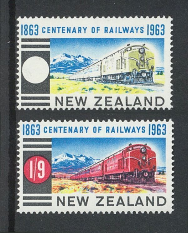 外国切手　赤色漏れエラー　ニュージーランド　鉄道100年　1sh9d　1963年　正規品付属