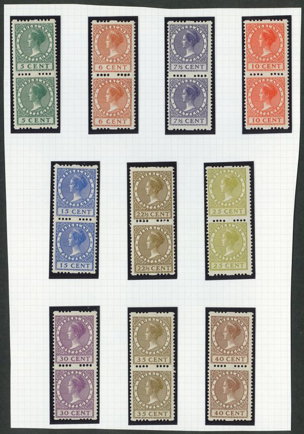 外国切手　オランダ　未使用　1926-7年　飛び目打タイプＡ　5ｃ～40ｃ　10種　（172a-191a）　縦ペア　OH