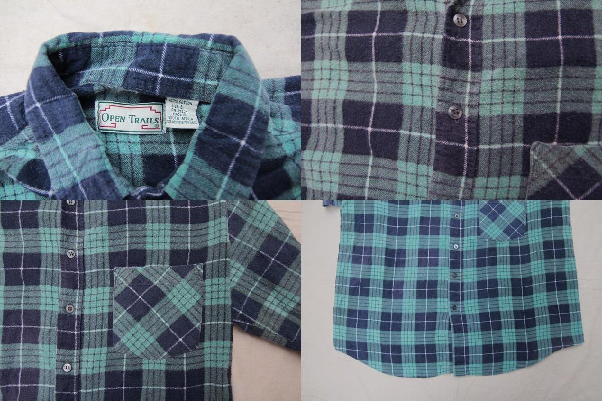 80s 90s VINTAGE ヴィンテージ USED 古着 Open Trails L/S Flannel Shirts Check 長袖フランネルシャツ チェック柄 Cotton L Green Navy_画像3