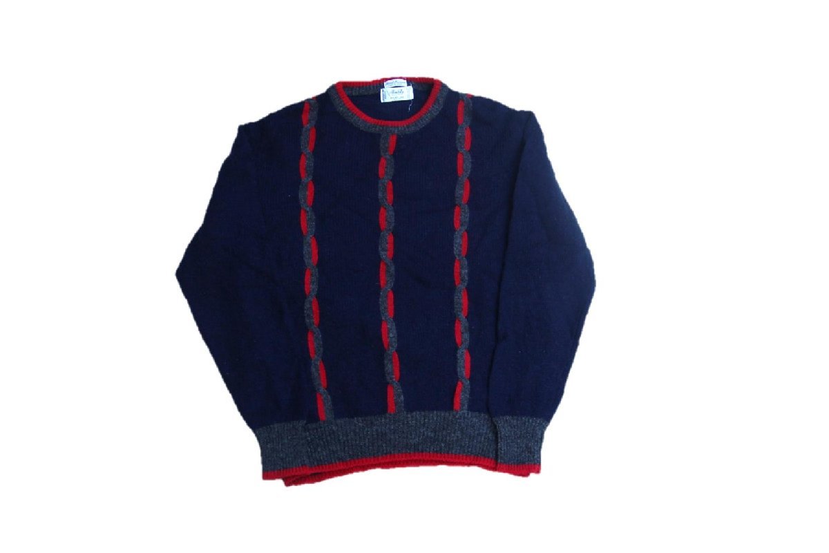 80s 90s VINTAGE ヴィンテージ USED 古着 Allen Lolly Wool Sweater Design Knit ウールデザインセーター 編み込み Navy Red L Hongkong