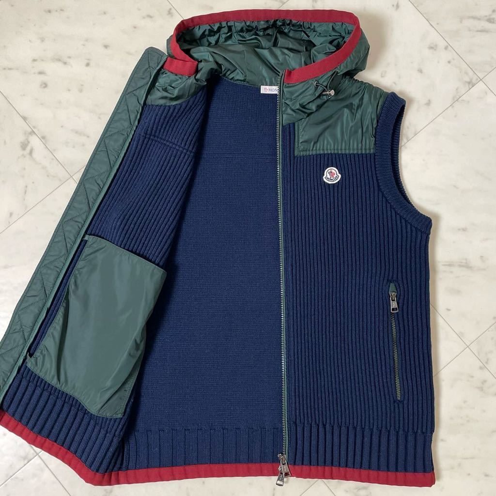 極美品☆ MONCLER モンクレール ニット 切替 ベスト パーカー フード Mサイズ ウール Wジップ MAGLIONE TRICOT GILET K2 ネイビー カーキ_画像7