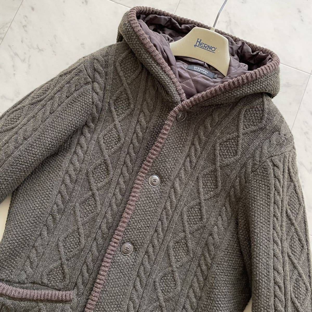 美品L相当☆ BURBERRY BLACK LABEL バーバリーブラックレーベル 裏キルティング ケーブル ニット ジャケット ブルゾン フード カーキ_画像3