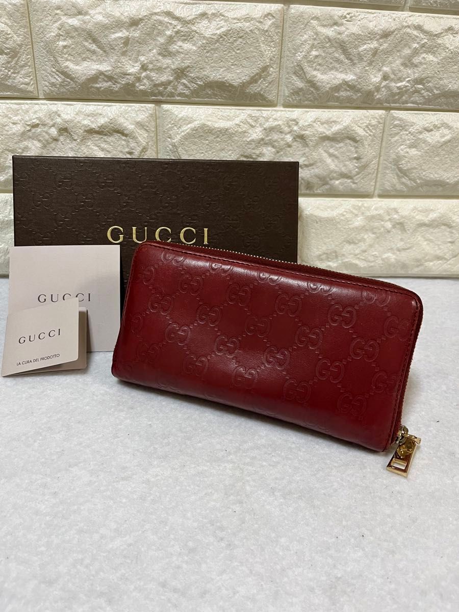 GUCCI グッチ ラウンドファスナー ジッピーウォレット 長財布　GGシマレザー　レッド