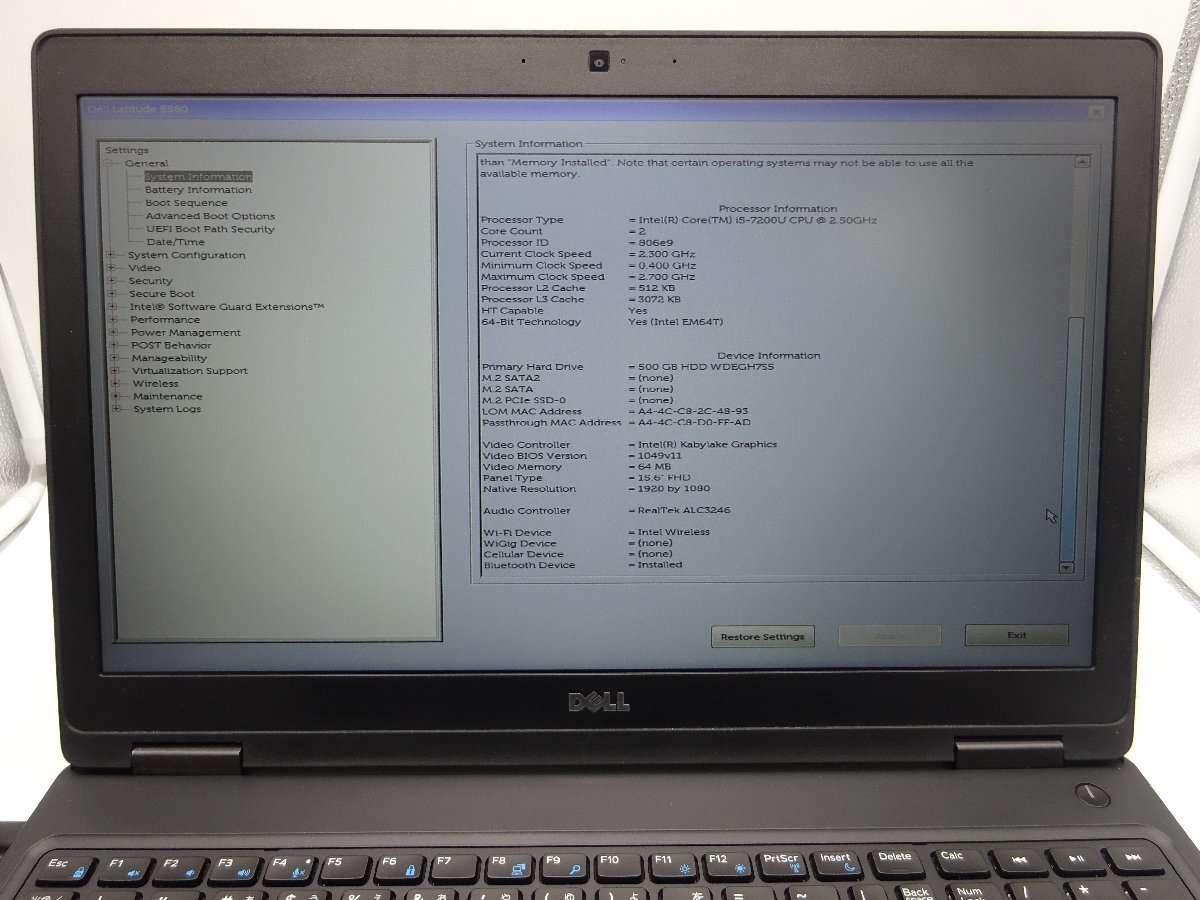 DELL Latitude 5580 第7世代 Core i5-7200U/4GB/HDD500GB/15インチ フルHD/無線LAN/Webカメラ_画像6