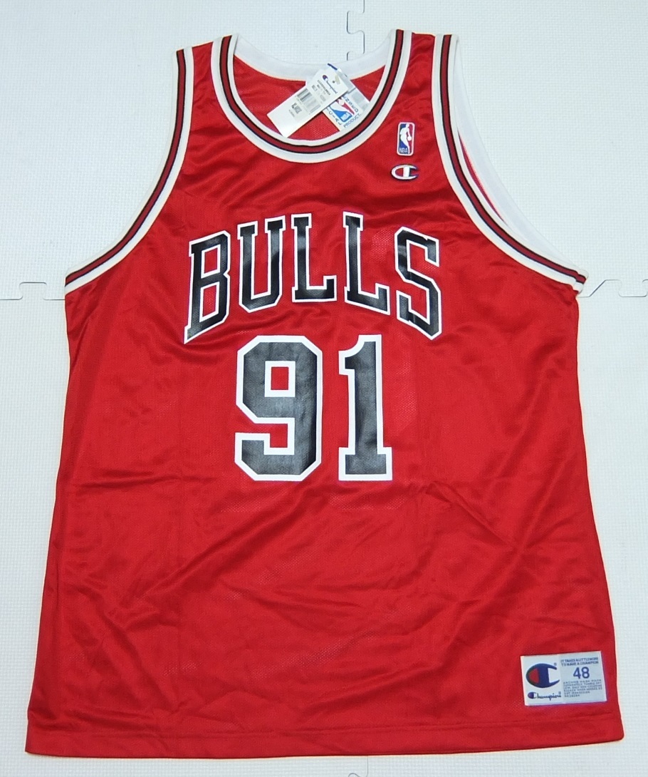 デッドストック 90s チャンピオン NBA シカゴブルズ ロッドマン タンクトップ 赤 48 メンズ Champion BULLS RODMAN 未使用品