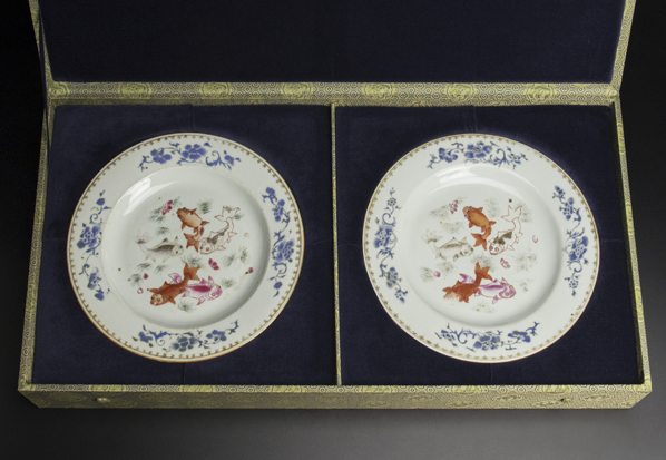 清 粉彩金魚紋盤 二件 共箱 中国 古美術