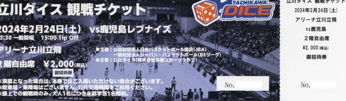 Bリーグ 立川ダイス vs 鹿児島レブナイズ 観戦チケット 2024年2月24日(土) 2階自由席_画像1