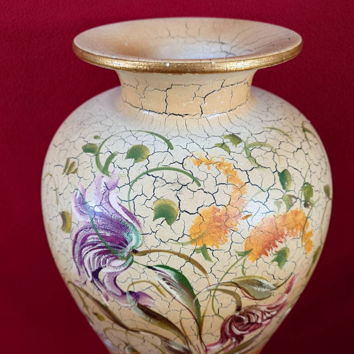 大型 旧家蔵出 旧家 名家 うぶ品 壷 花瓶 花器 華道 花入 釉 貫入 金彩色絵_画像7