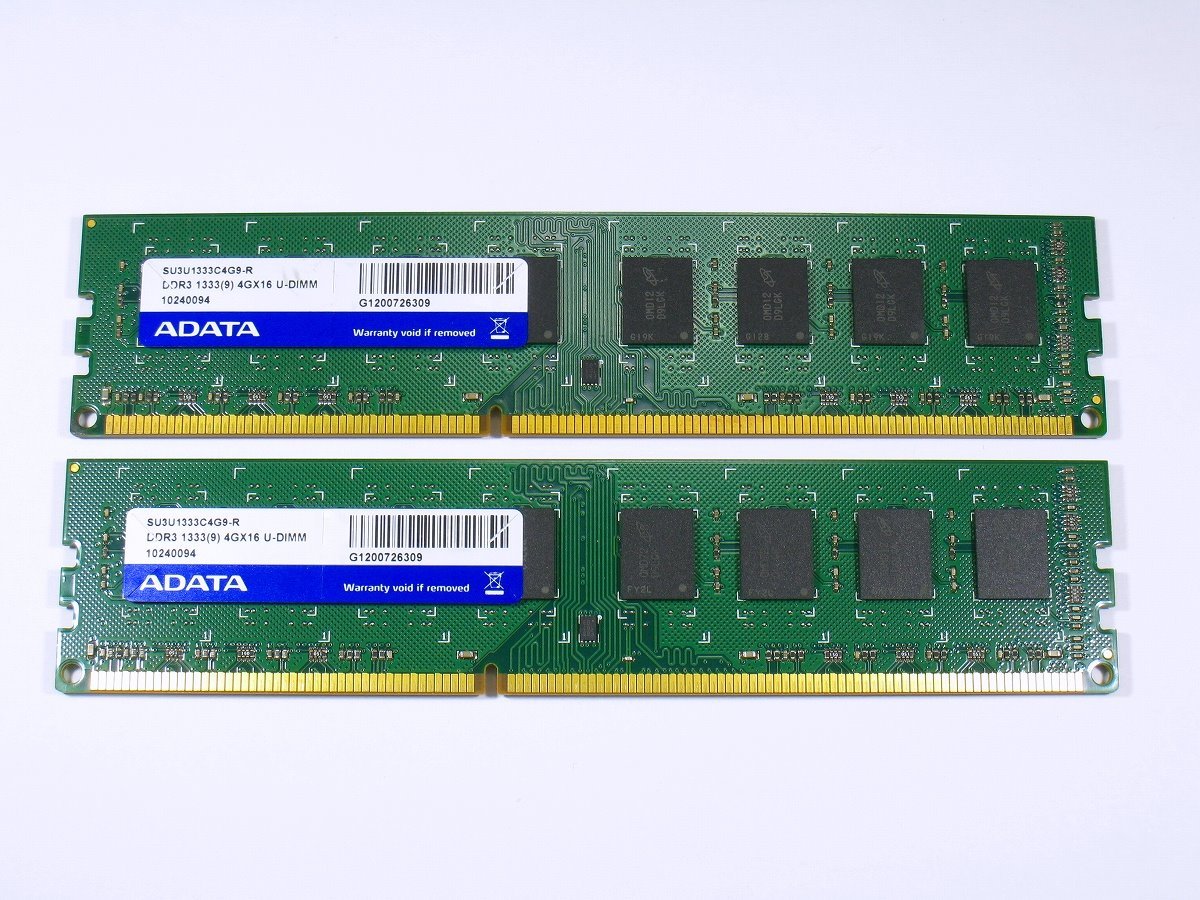 【中古】ADATA PC3-10600 DDR3-1333 4GB×2枚 合計8GB SU3U1333C4G9-R_画像1