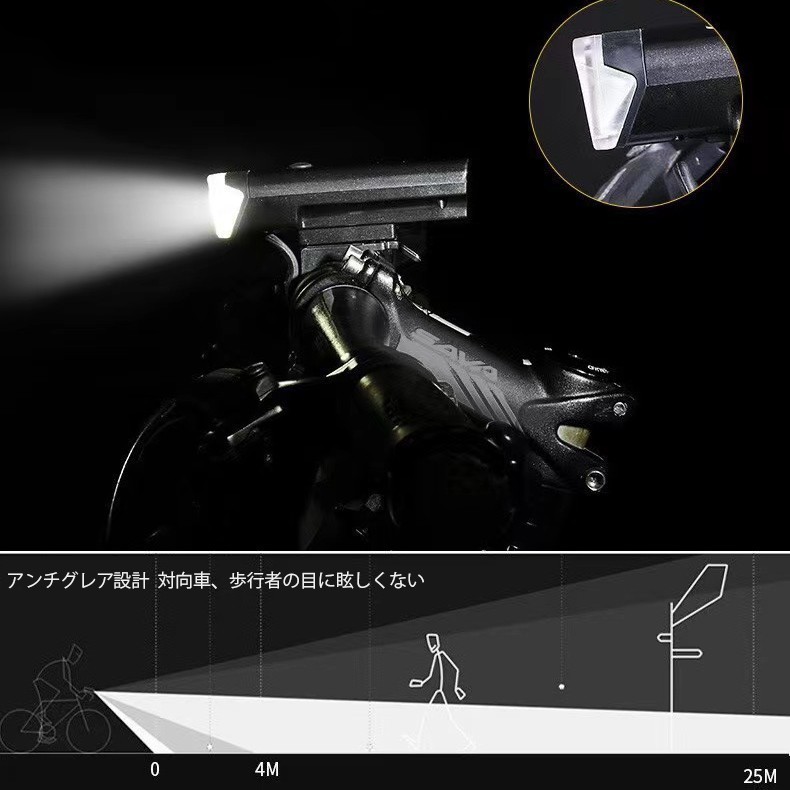 自転車ライト USB 充電式 高輝度 懐中電灯 明暗センサー搭載 ブラック 自動点灯 自動調整 LED　電池残量表示　自転車ヘッドライト