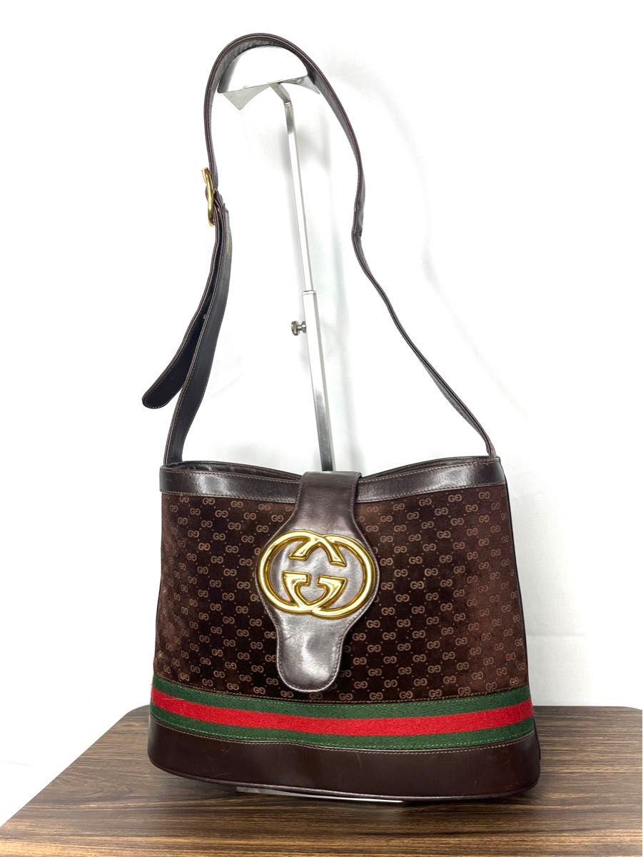 ☆レアデザイン★ GUCCI グッチ　インターロッキング　シェリーライン　ショルダーバッグ 茶　スエード　本革レザー　オールド