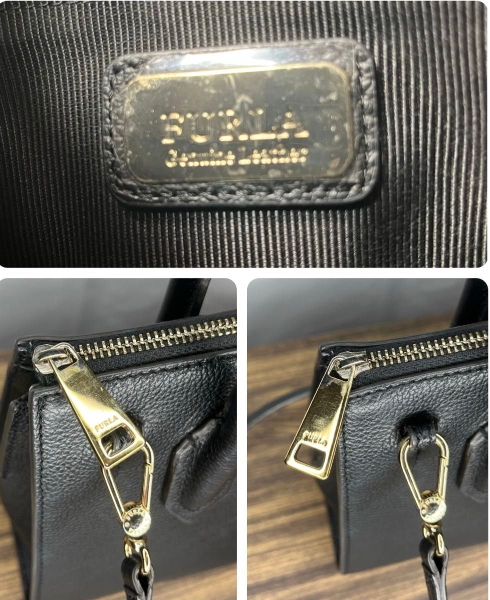 超美品★ FURLA フルラ　サッチェル　ピン　S  ショルダーバッグ　黒　ブラック　レザー　2way ハンドバッグ　小ぶり　ミニ