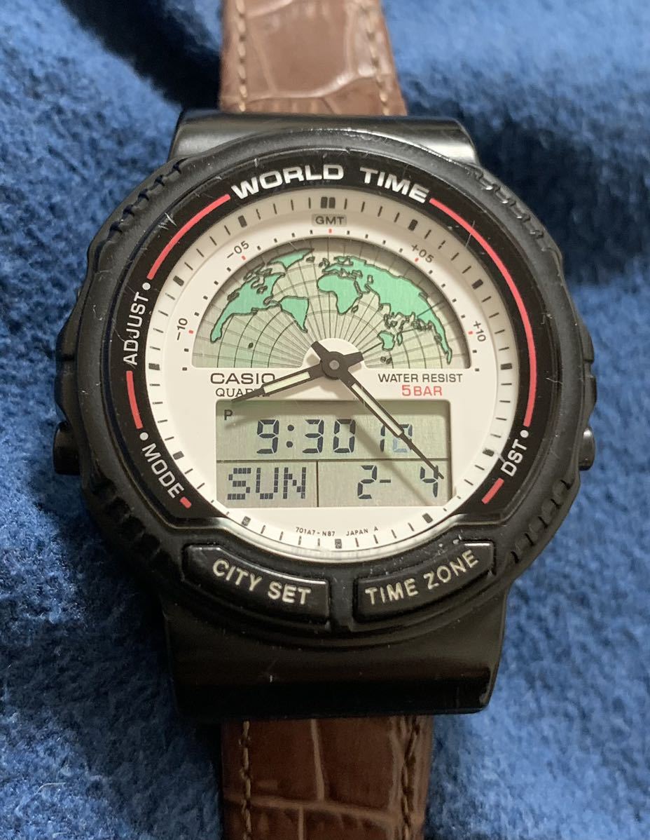 CASIO カシオ 腕時計 電池交換済 ワールドタイム 時刻合わせ不明 裏蓋ネジ欠品 稼働ジャンク AW-210 junk world time digital men's watch_画像7