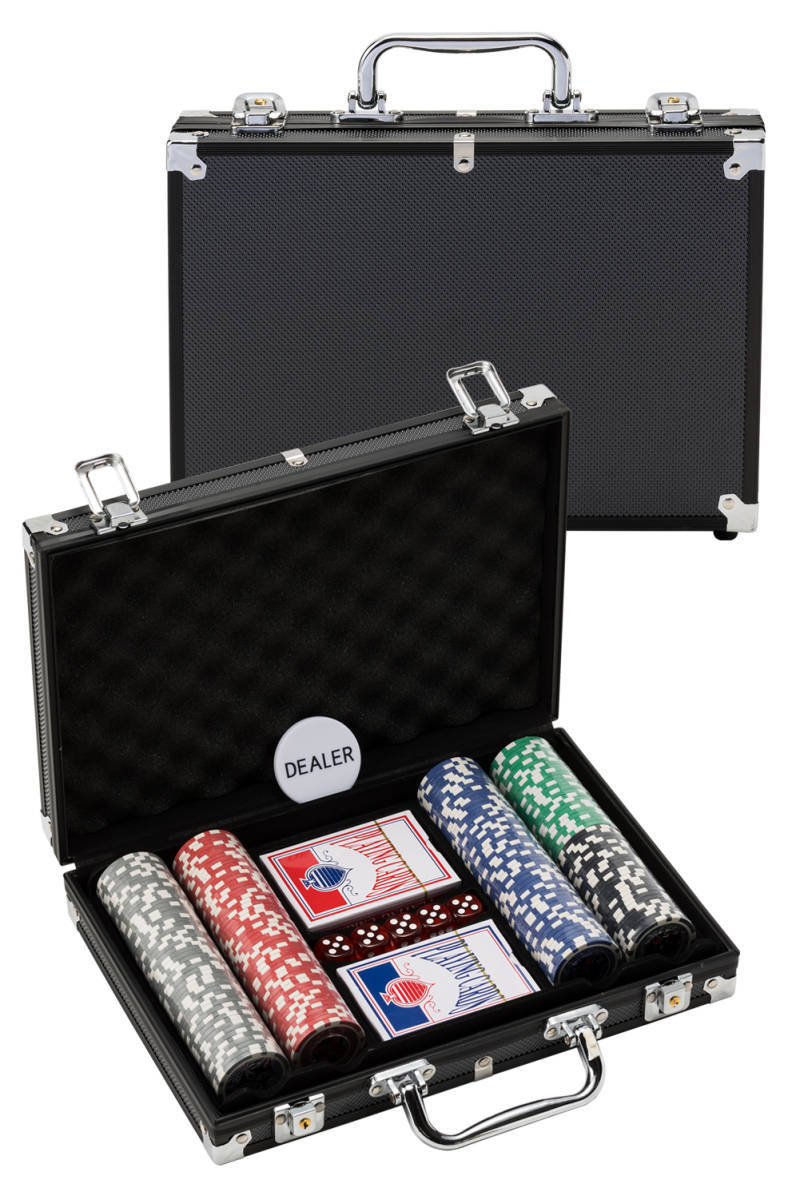 値下げ1984 カジノチップ 200枚 ブラックケース トランプ付き 鍵&ボタン付き ポーカーセット ポーカーチップ_画像1