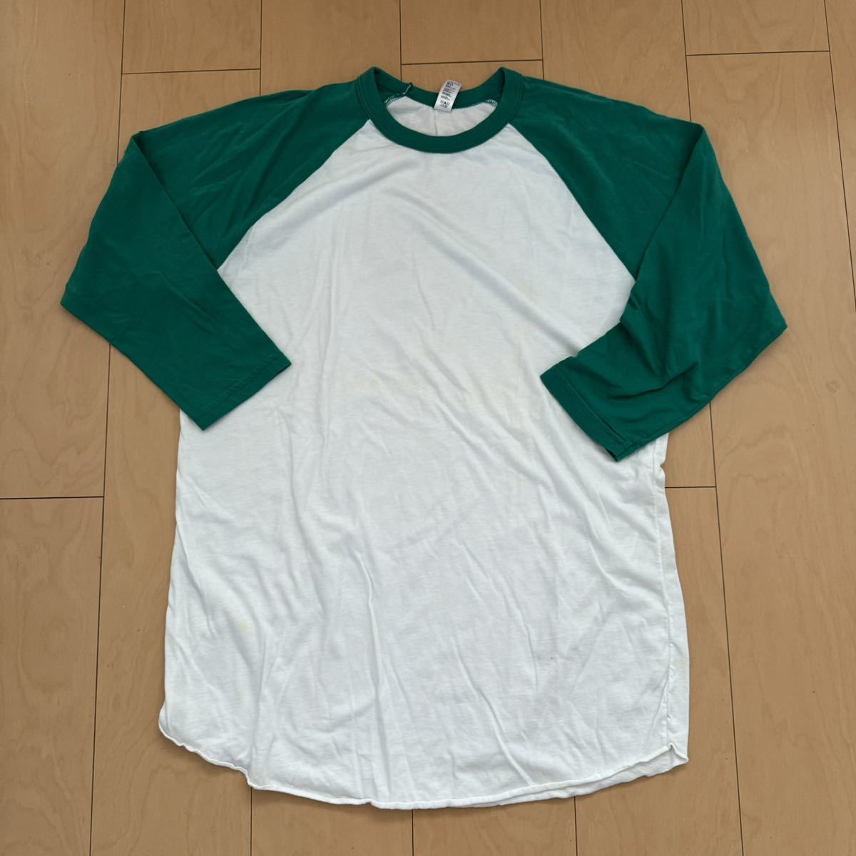 激レア! アメリカンアパレル ラグラン 5分袖Tシャツ ホワイト×グリーン サイズL 美品格安_画像1