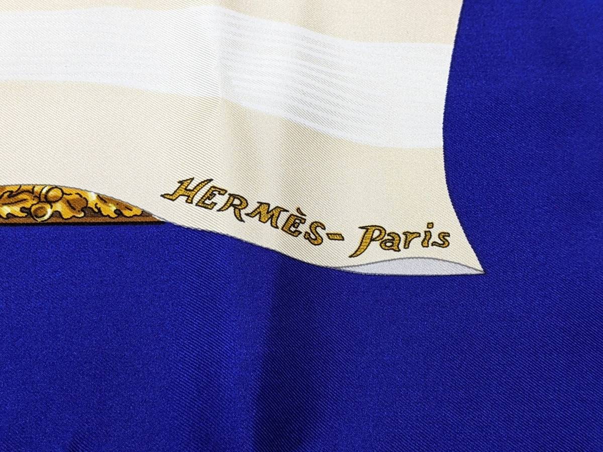 【17702】HERMES エルメス カレ90 スカーフ Souvenirs de Paris パリの思い出 100%シルク レディース ブルー系 赤 エッフェル塔_画像7