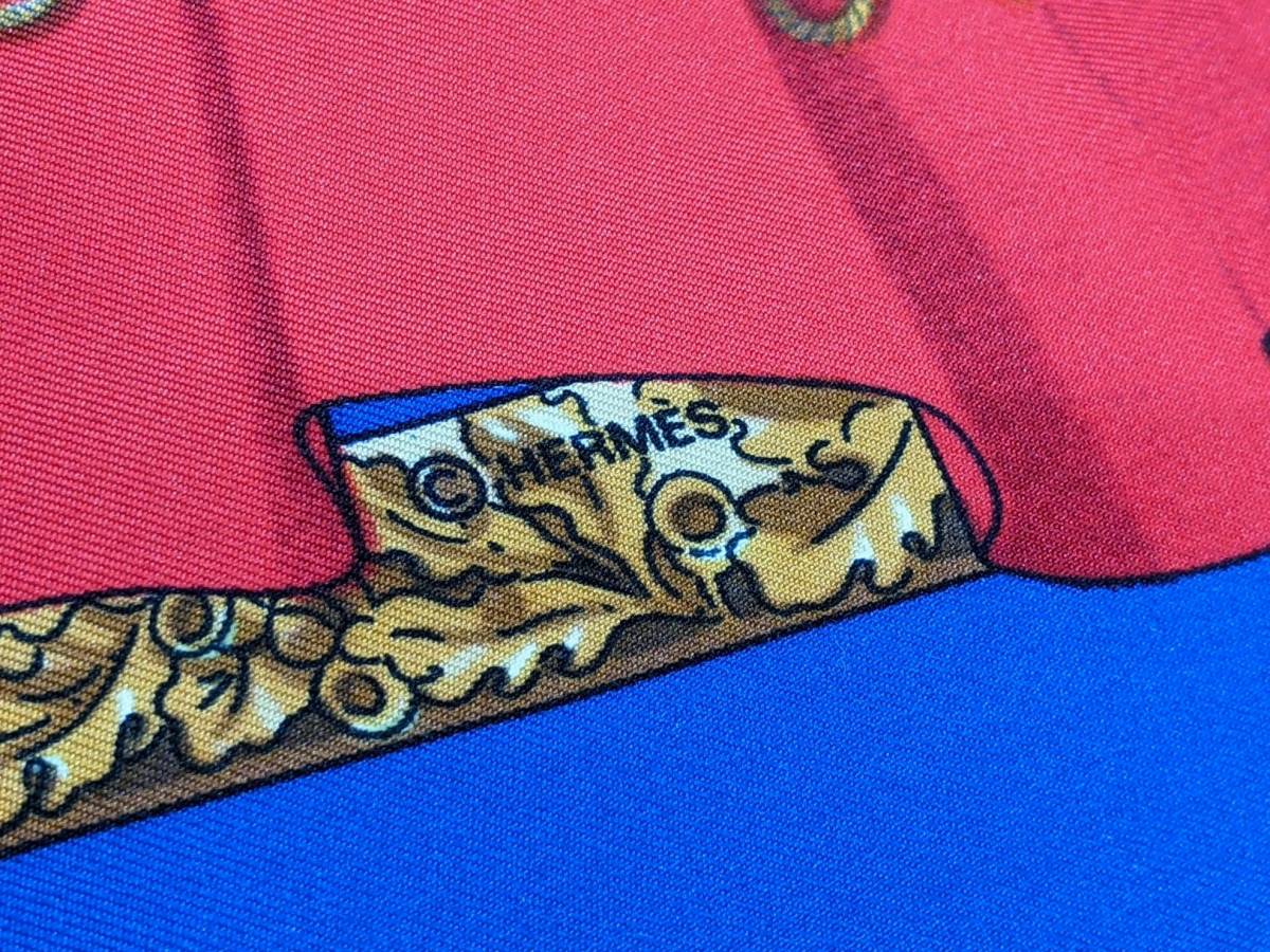 【17702】HERMES エルメス カレ90 スカーフ Souvenirs de Paris パリの思い出 100%シルク レディース ブルー系 赤 エッフェル塔_画像9