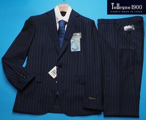 新品8.6万円 大手百貨店扱い 春夏『Tollegno トレーニョ イタリア製生地』ウール100% ストライプ スーツAB5紺(F) 1639681_画像1