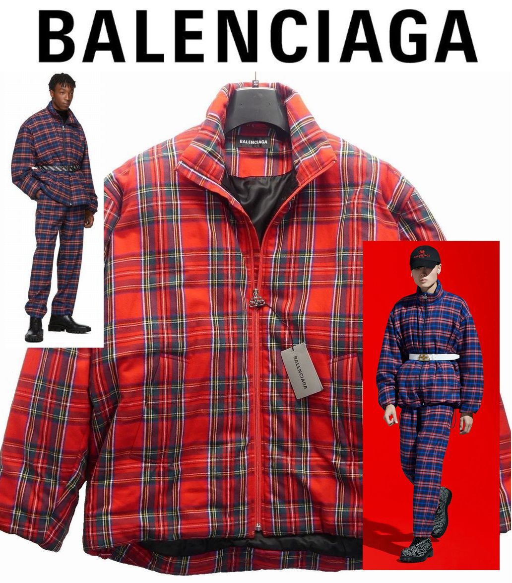 秋冬物485,000円新品BALENCIAGAバレンシアガ★男女兼用コレクション物ビッグシルエットの赤チェック柄パフブルゾン【フリーサイズ】