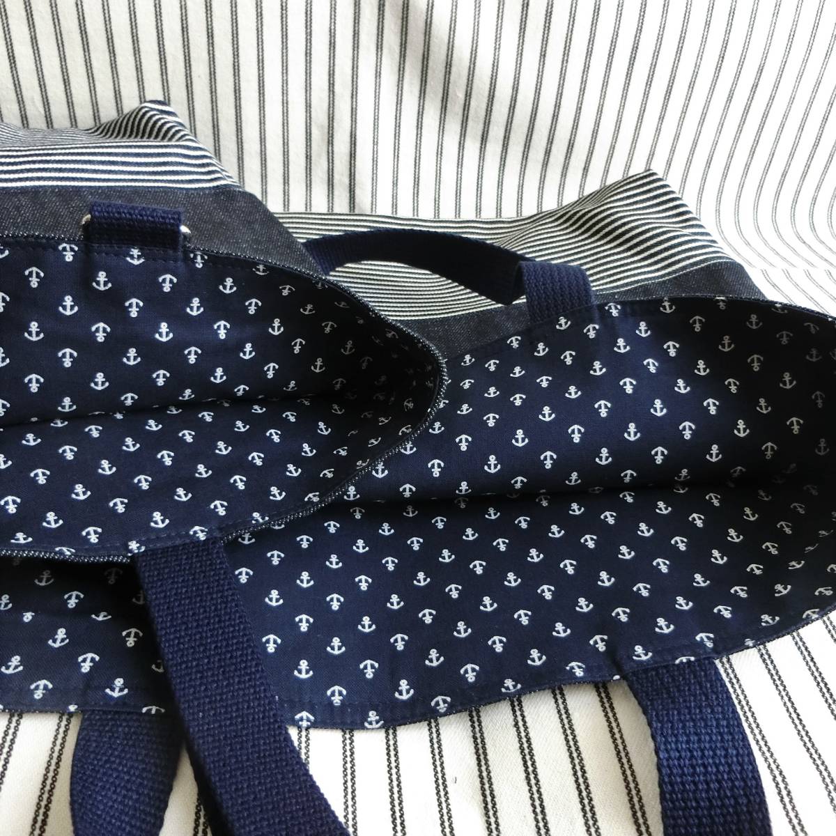  hand made largish lesson bag set 3 point navy blue Denim marine squid li. go in .. go in .