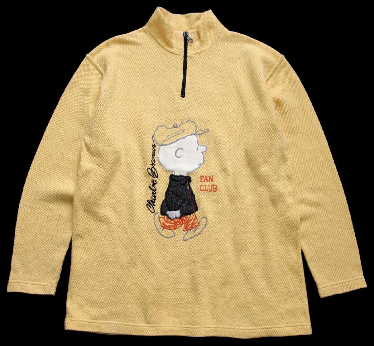 ★90s イタリア製 Charlie Brown チャーリーブラウン 刺繍 モックネック ハーフジップ 鹿の子 スウェット 薄黄★スヌーピー ユーロ