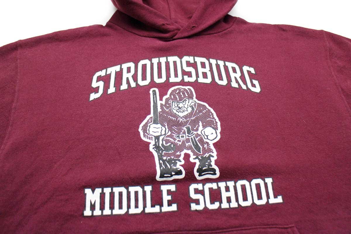 ★00s RUSSELLラッセル STROUDSBURG MIDDLE SCHOOL マスコット スウェットパーカー バーガンディ M★オールド フーディー カレッジ_画像3