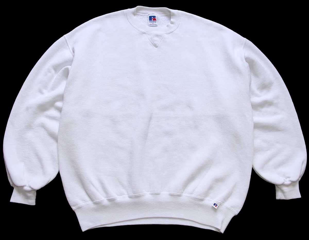 ★90s USA製 RUSSELLラッセル 無地 前V スウェット 白 XL★オールド ビンテージ ホワイト クルーネック オーバーサイズ ビッグサイズ