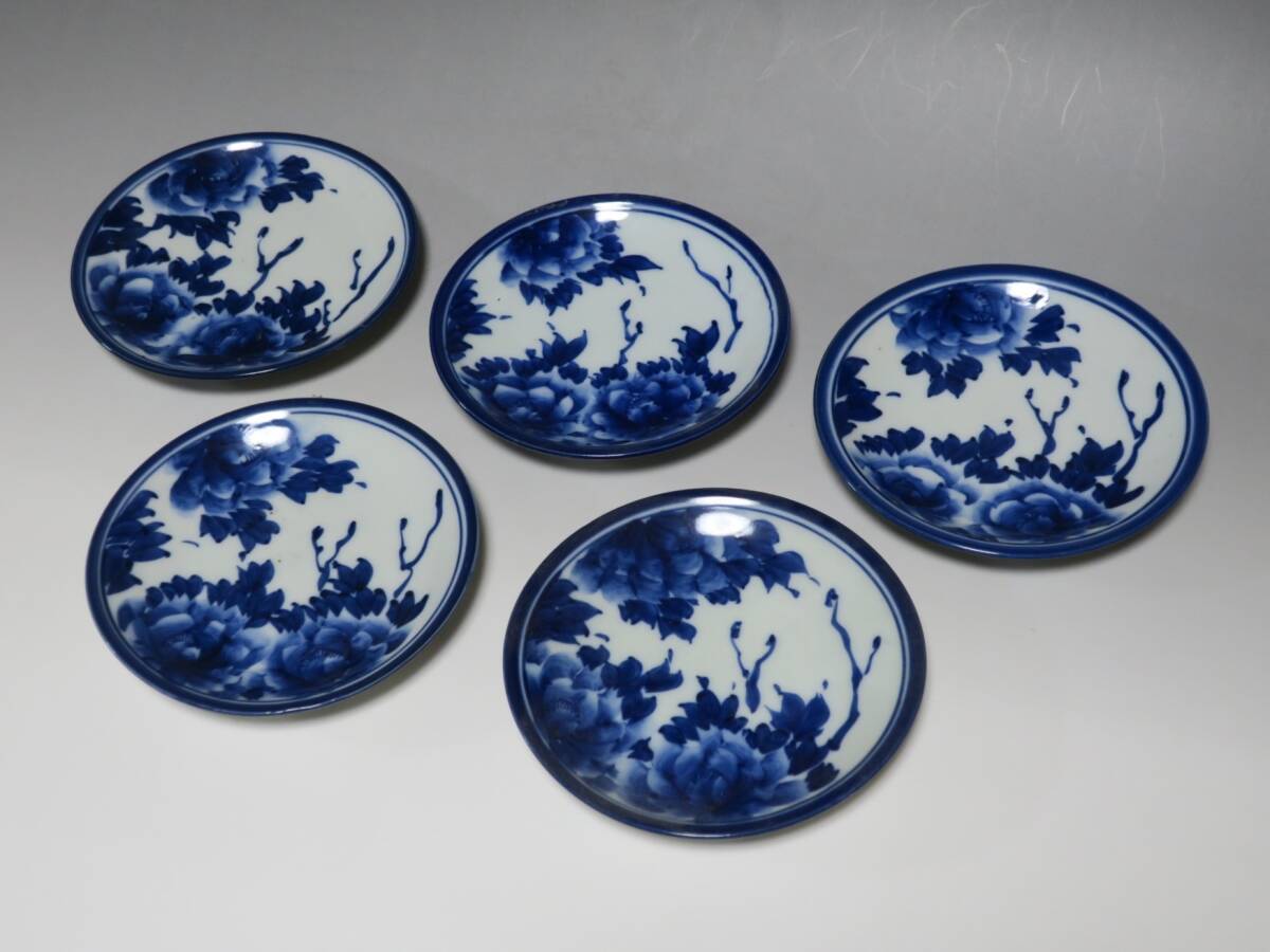 伊万里焼　染付　薔薇文　小皿５枚　ベロ藍　和食器　明治時代_画像3